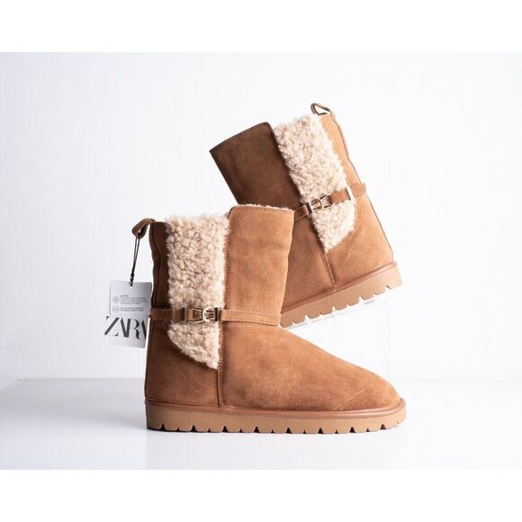 Zara Womens Suede Ankle Boots Flats Sherpa Lined Brown US 9 EU 40 2171/210 NWT - Picture 1 of 8